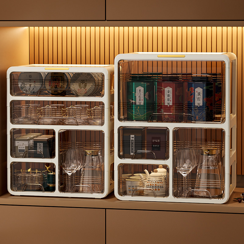 茶杯茶具收纳盒茶叶杯子高杯红酒杯桌面收纳柜防尘抽屉多层置物架