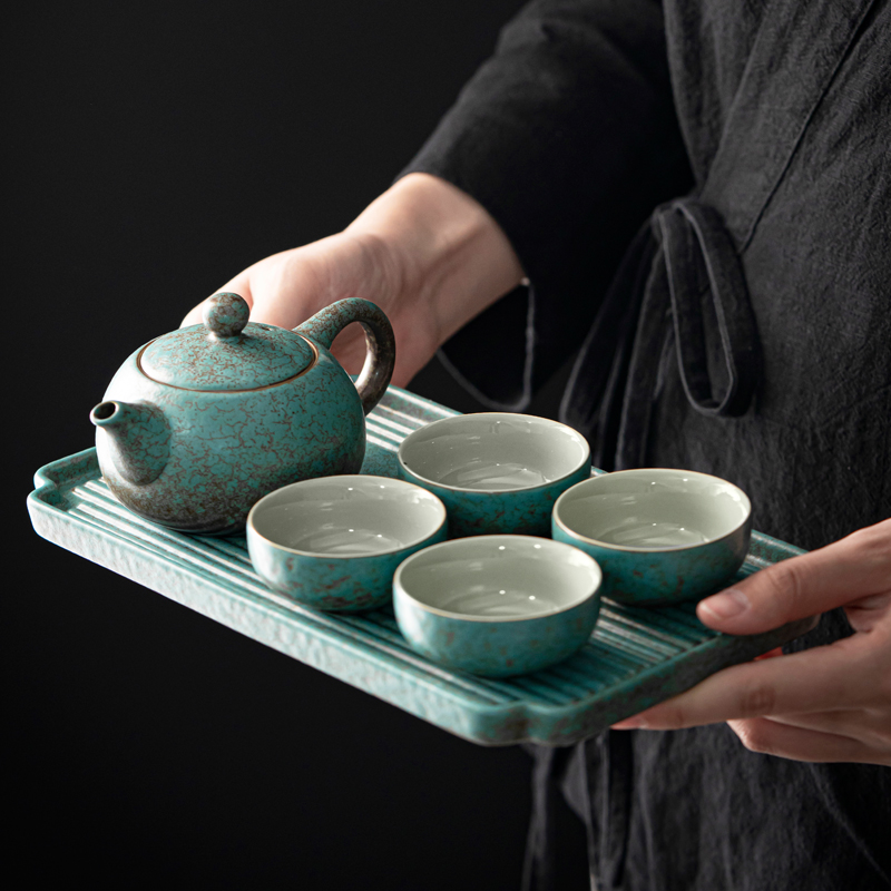 一壶二杯四杯茶具功夫小套组带茶盘日式窑变绿陶瓷酒店小套装