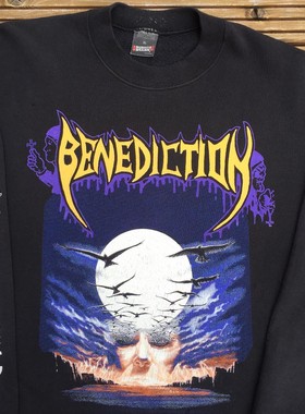 WHO CARE复古大百科benediction乐队长袖T恤美式高街宽松古着摇滚