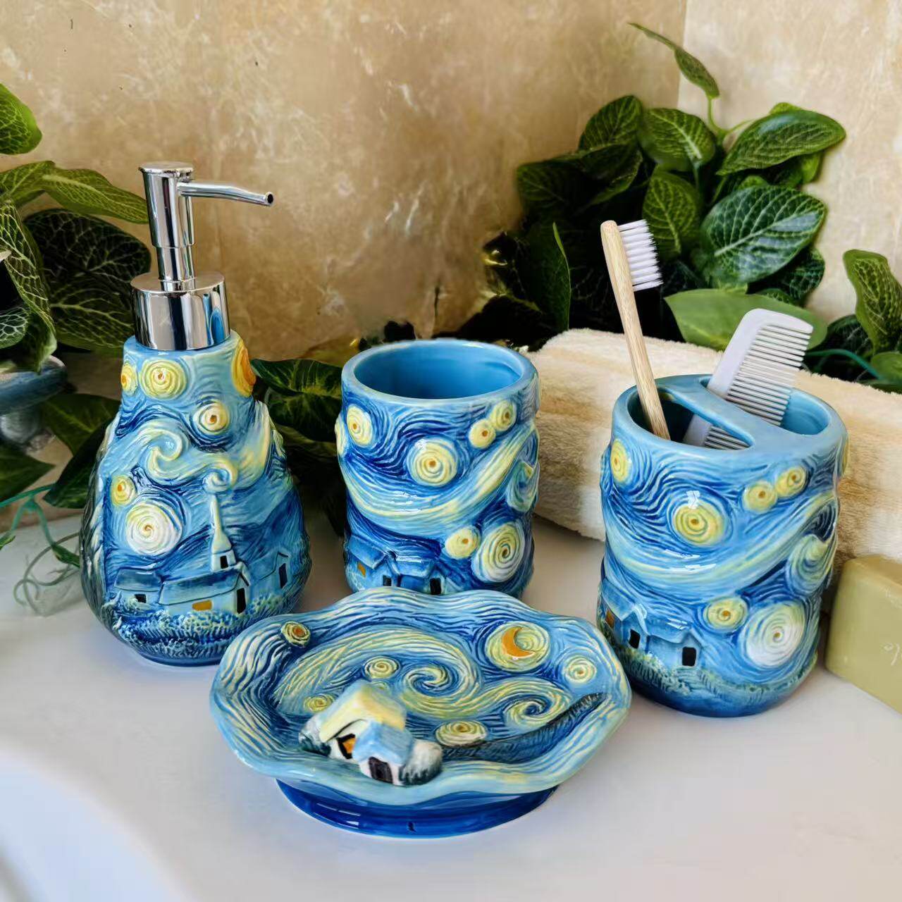 梵高星空浮雕陶瓷浴室用品套件创意艺术风浴室洗手液瓶洗漱四件套