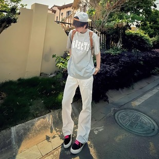 男款 高街vibe修身 白色弯刀牛仔裤 美式 显瘦情侣休闲窄版 直筒微喇裤