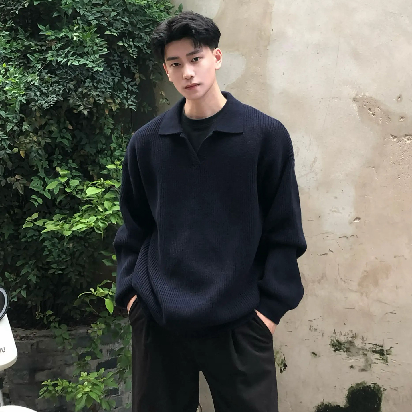 黑色Polo领毛衣男高级感老钱风