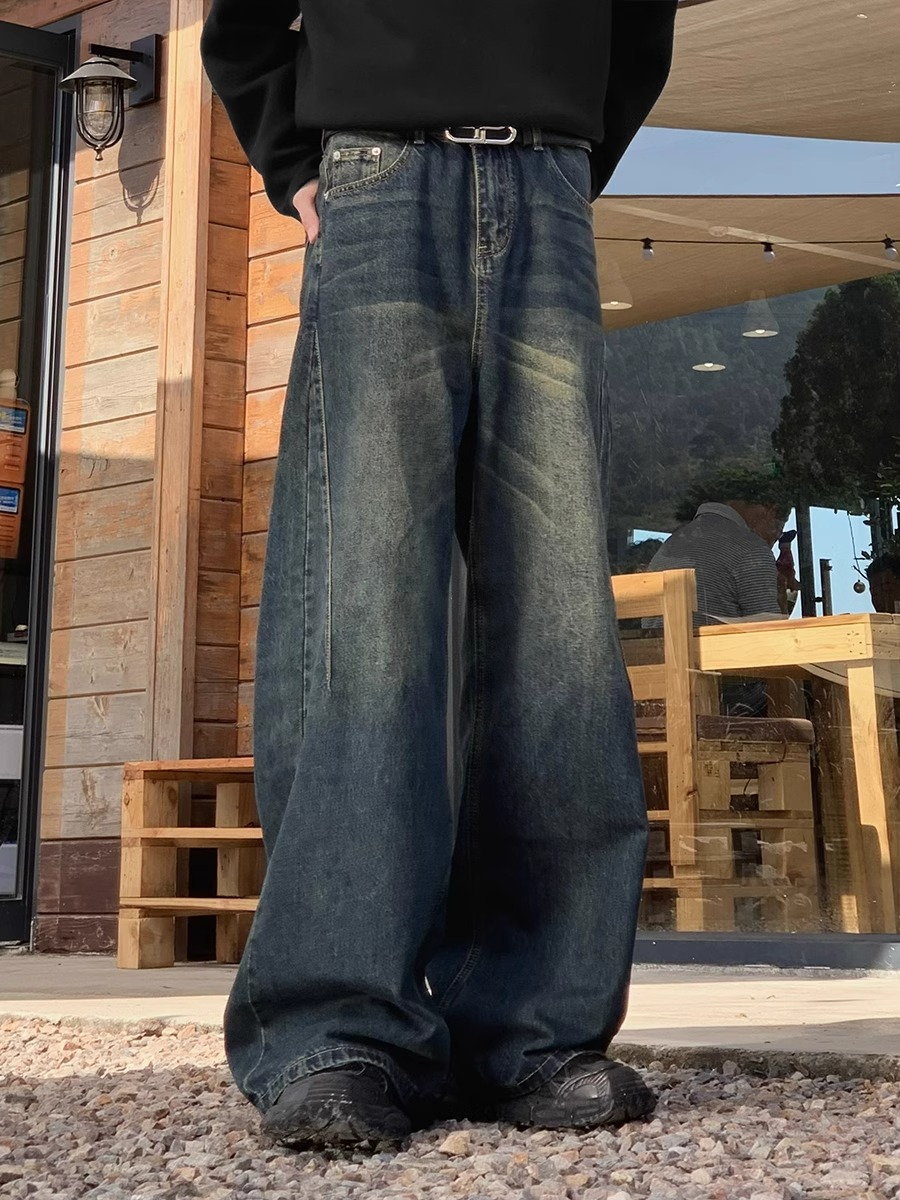 美式复古水洗牛仔裤男阔腿拖地裤