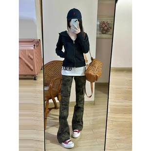 显瘦微喇工装 春秋新款 潮牌vibe修身 子 裤 复古迷彩牛仔裤 美式 男女款