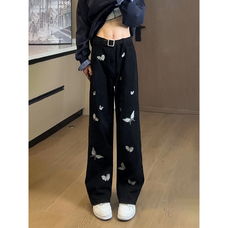黑色蝴蝶刺绣牛仔裤男款美式高街vibe潮牌痞帅宽松显瘦直筒阔瑞裤