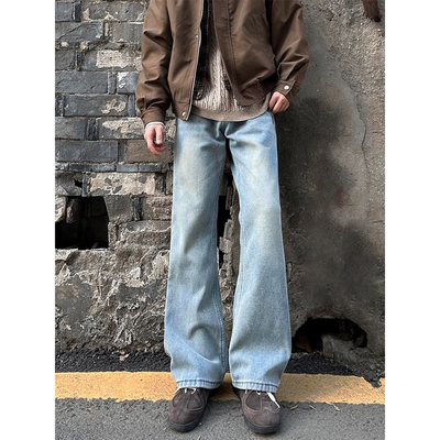 浅蓝色美式复古牛仔裤男秋冬