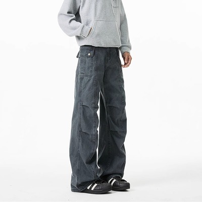 美式复古高街牛仔裤男皱褶