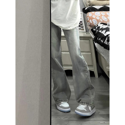 美式复古烟灰色微喇牛仔裤男高街