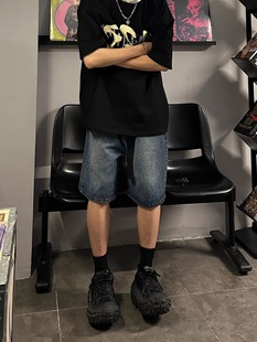 新款 美式 復古做舊水洗牛仔短褲 男夏季 高街藍色寬松直筒百搭五分褲
