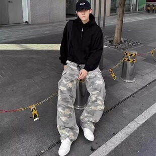 复古迷彩工装 男夏季 美式 裤 新款 潮牌宽松设计感痞帅直筒阔腿牛仔裤