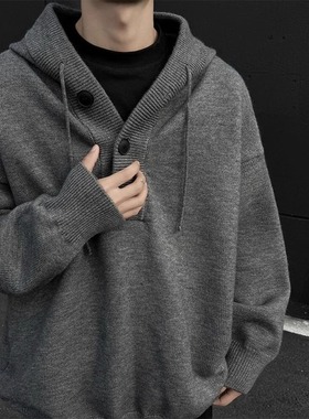 灰色美式复古连帽毛衣男款秋冬季慵懒风cleanfit高级感针织衫外套