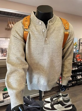美式复古亨利领毛衣男秋冬季慵懒风cleanfit内搭高级感针织衫外套