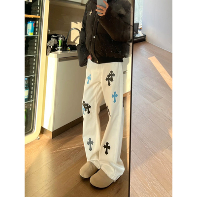 美式高街十字架刺绣牛仔裤男款