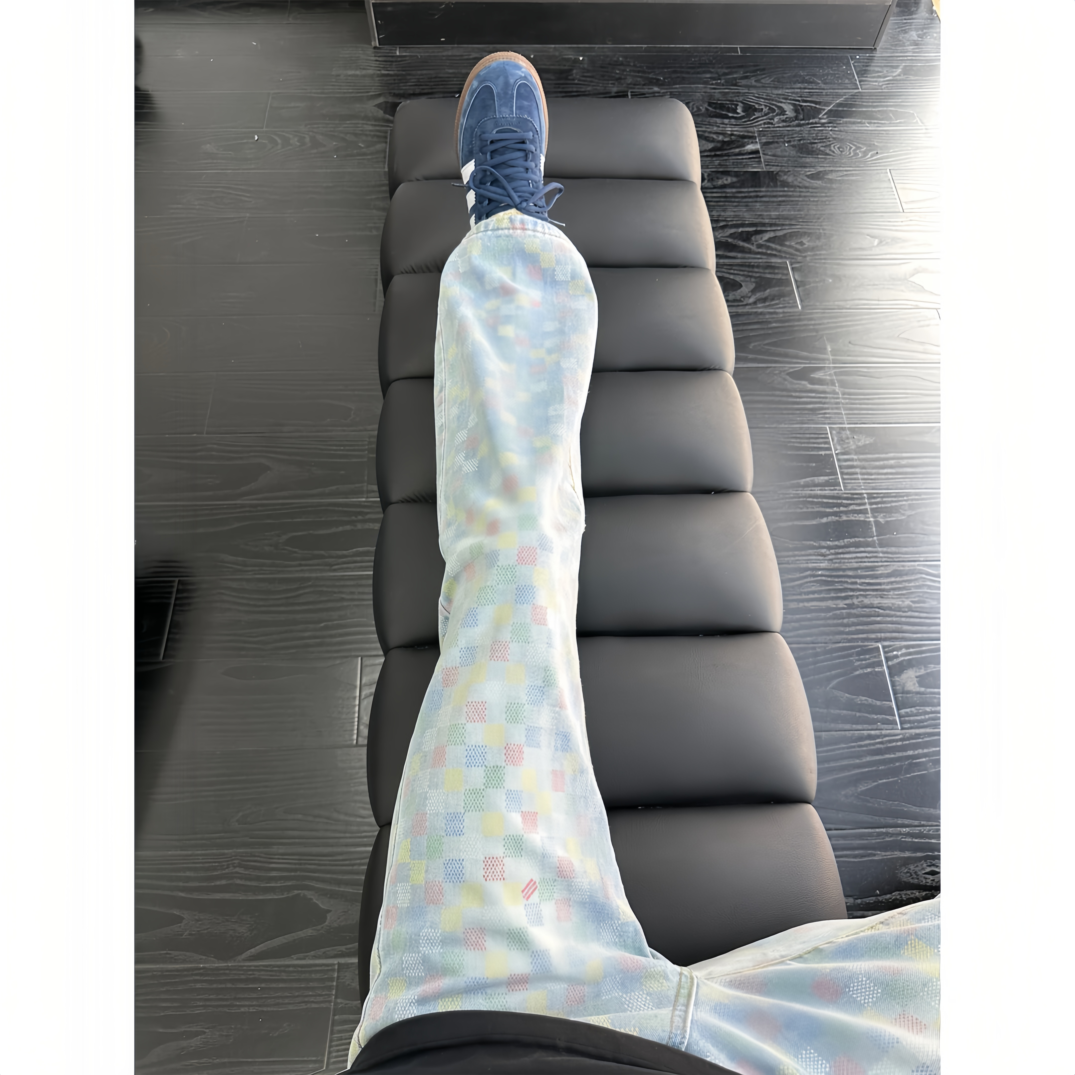 美式复古高街牛仔裤男格子彩色