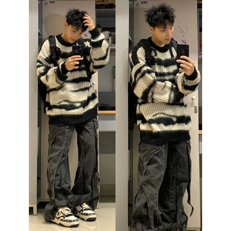 黑白条纹毛衣男秋冬新款