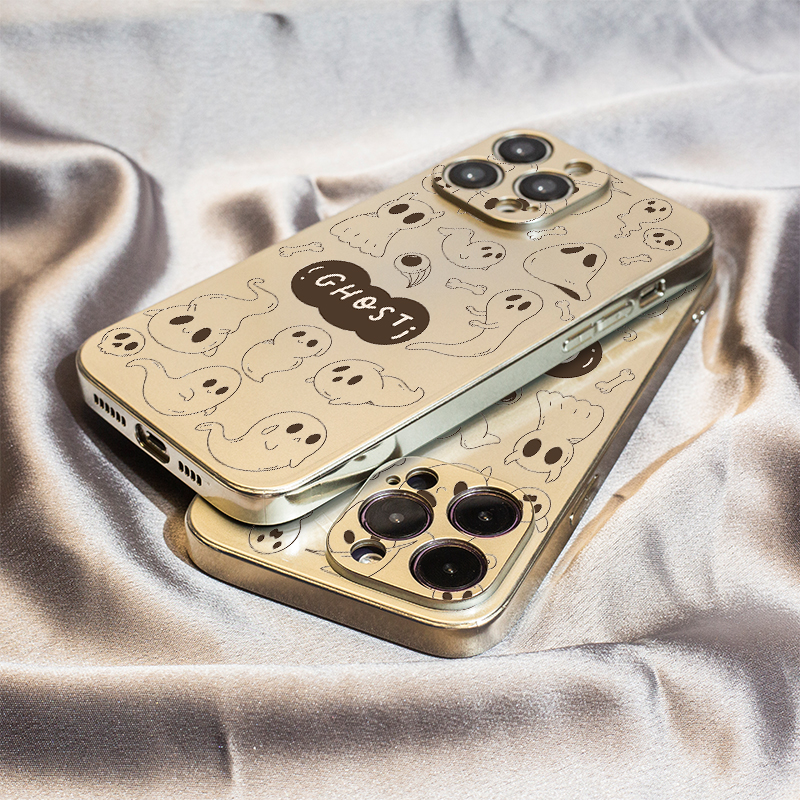 线条小幽灵适用苹果16保护套14plus电镀银iPhone15手机壳xs11全包xr情侣6s高级7g8新款12mini女se2软13promax