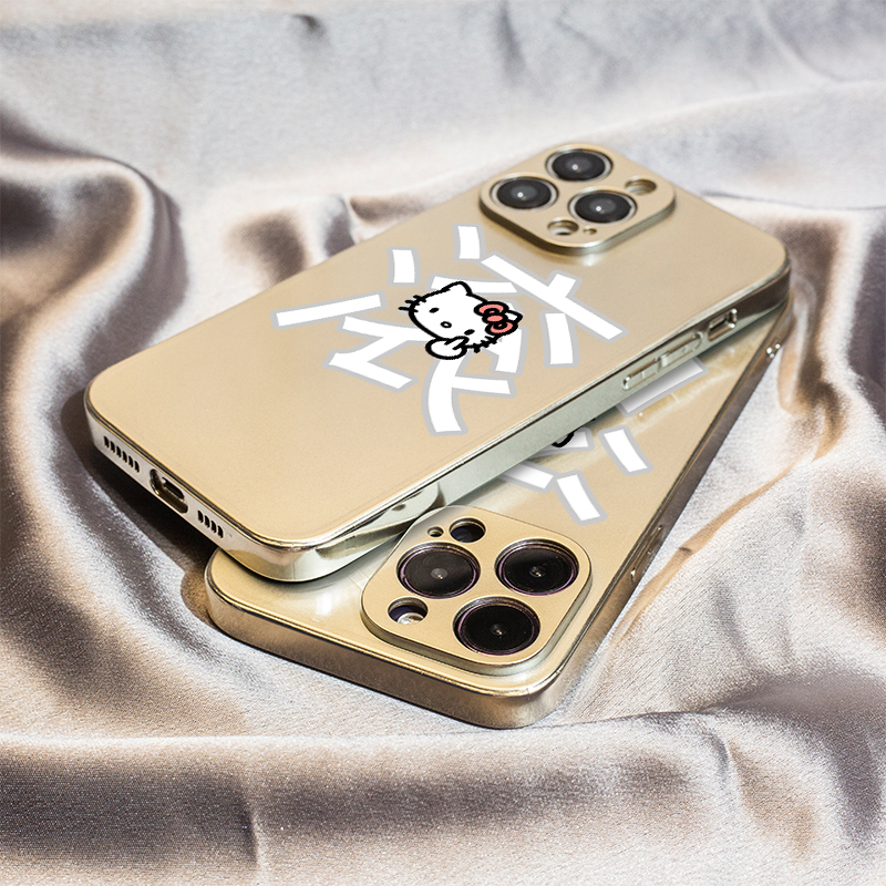 KT猫文字滚适用苹果16保护套14plus电镀银iPhone15手机壳xs11全包xr情侣6s高级7g8新款12mini女se2软13promax
