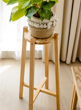 岩璞实木花架子客厅落地式北欧简约阳台置物架绿植圆形花盆底座架
