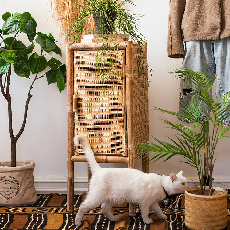 岩璞天然藤编复古柜日式侘寂风边柜储物床头柜鞋柜书柜杂物收纳柜