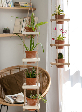 岩璞实木悬挂花盆架吊篮麻绳创意置物架阳台庭院多肉绿萝装饰花架