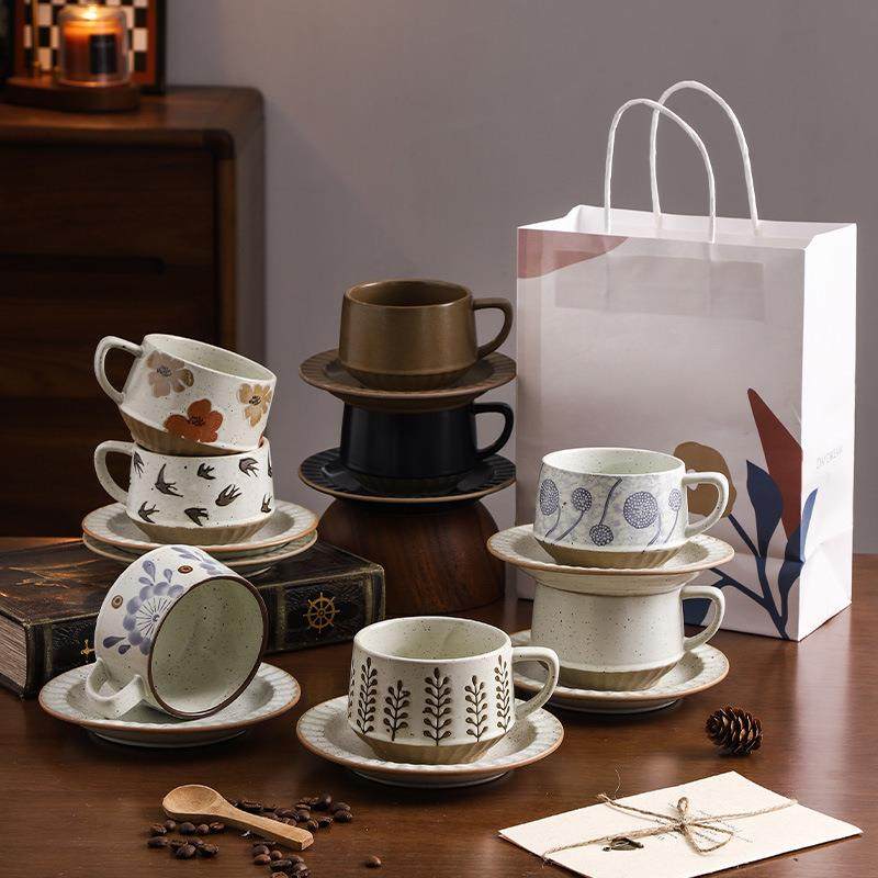 高级感复古咖啡杯碟套装创意粗陶拉花杯子家用高档精致马克杯碟,餐饮具,马克杯,淘宝优惠券,粉丝福利购,淘宝优惠卷