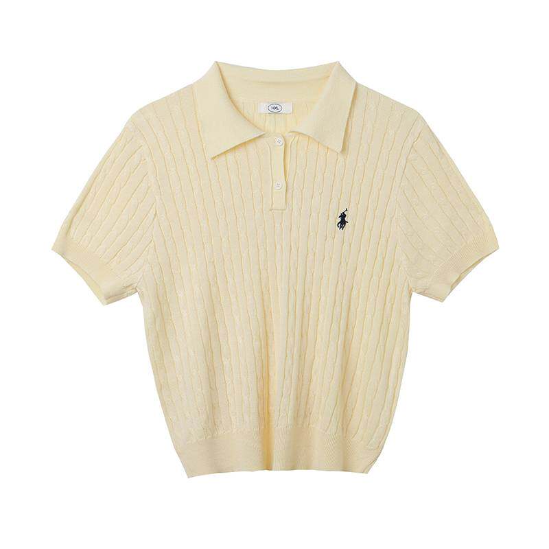 凡人优品老钱风小马刺绣polo领短袖针织衫女夏翻领麻花纹B111