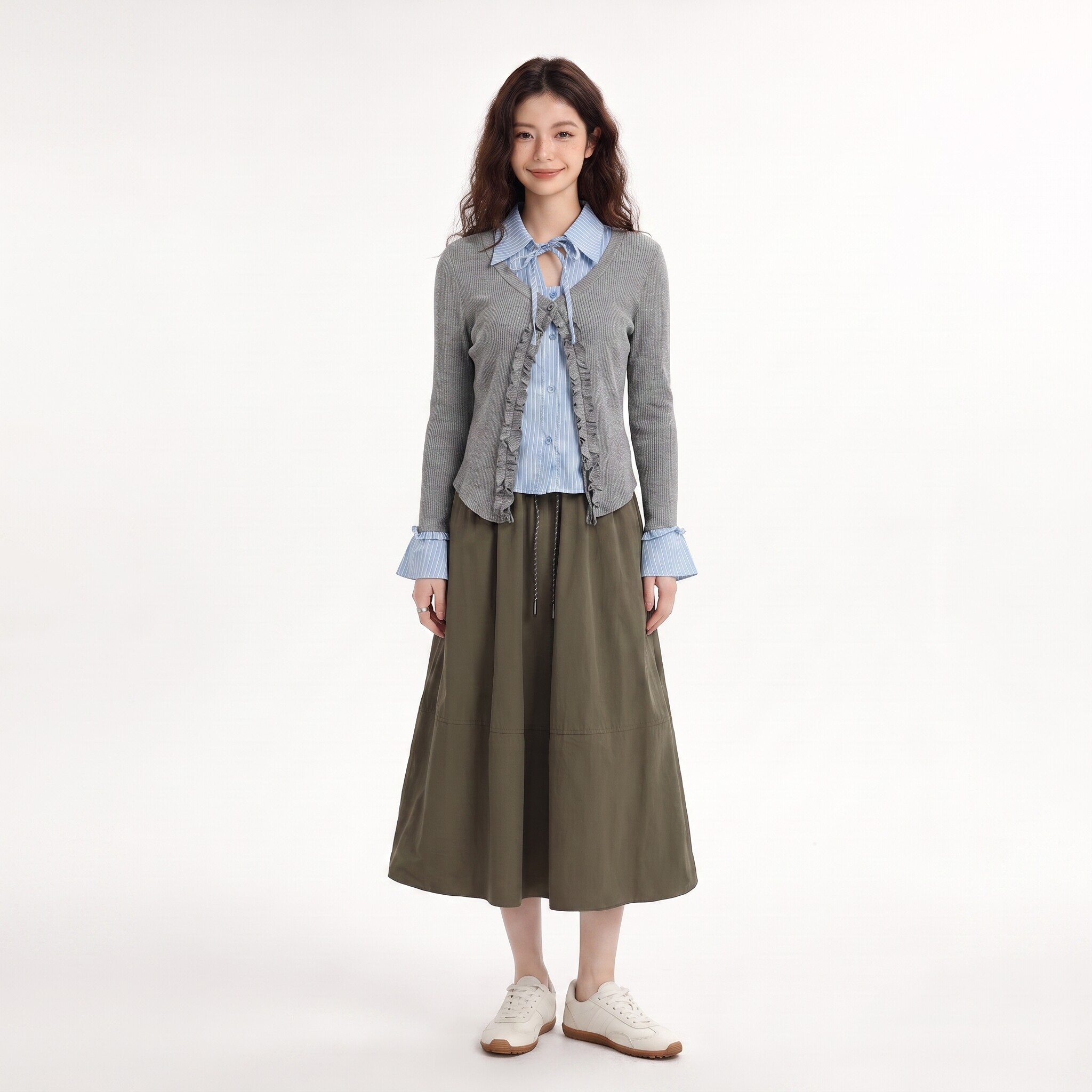 松弛感拼接衬衫女长袖蓝色条纹系带休闲上衣衬衣C097图片