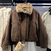 凡人优品复古风麂皮绒毛领短外套女加绒加厚保暖宽松夹克上A320