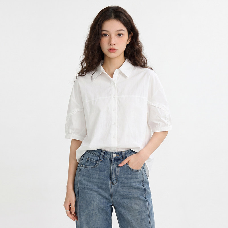 设计感灯笼袖白色衬衫女宽松五分袖纯棉衬衣上衣C363