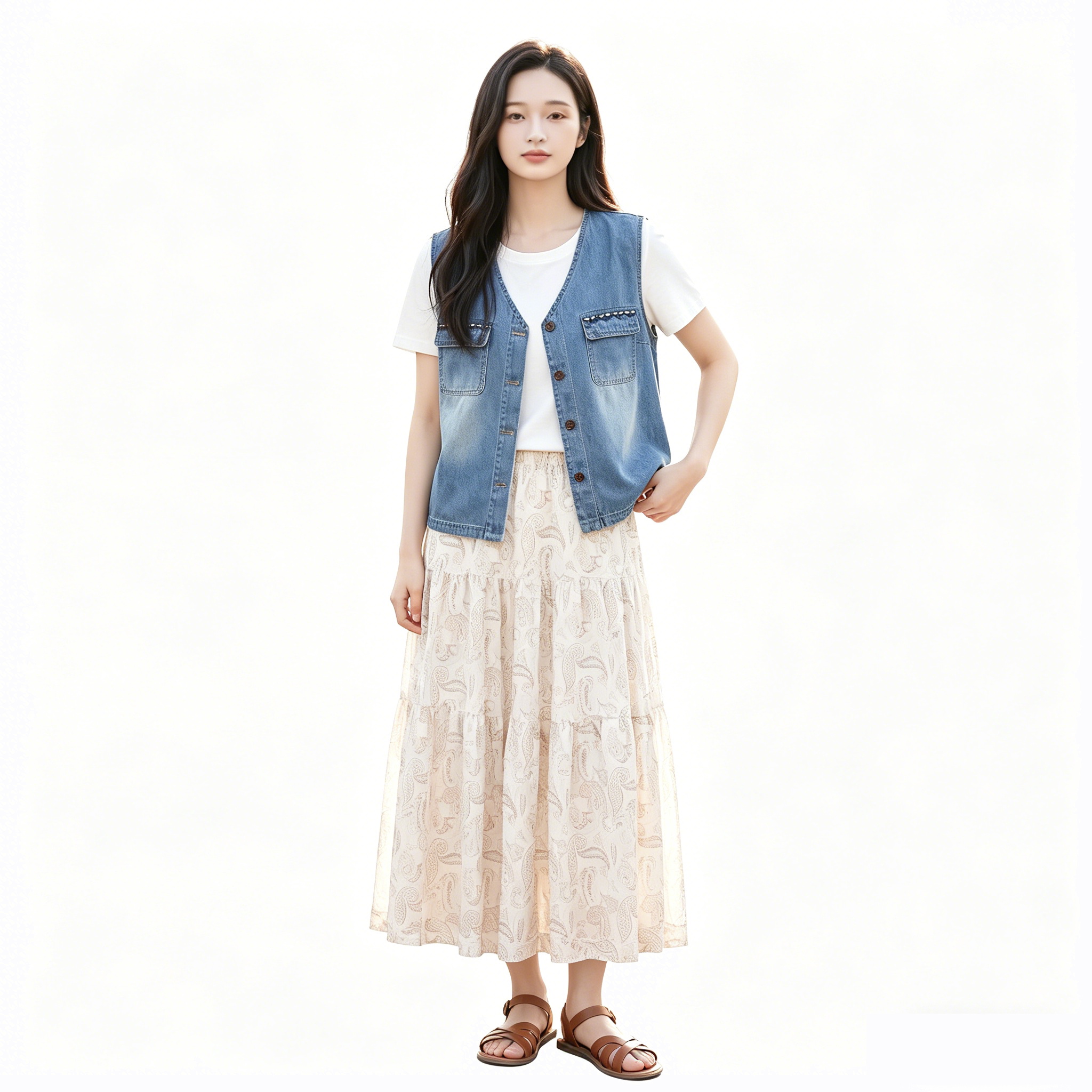 韩系复古牛仔马甲吊带裙套装女夏日穿搭两件套532WDX3G286
