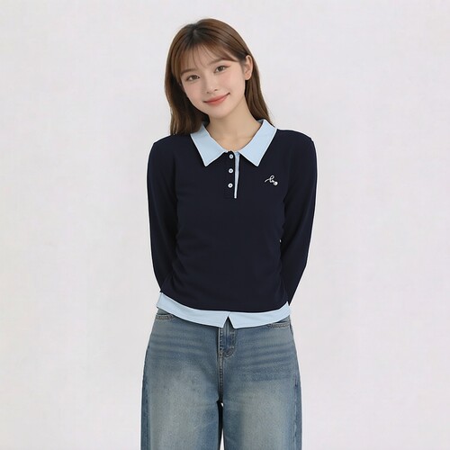 学院风撞色假两件polo衫女长袖修身翻领上衣T095