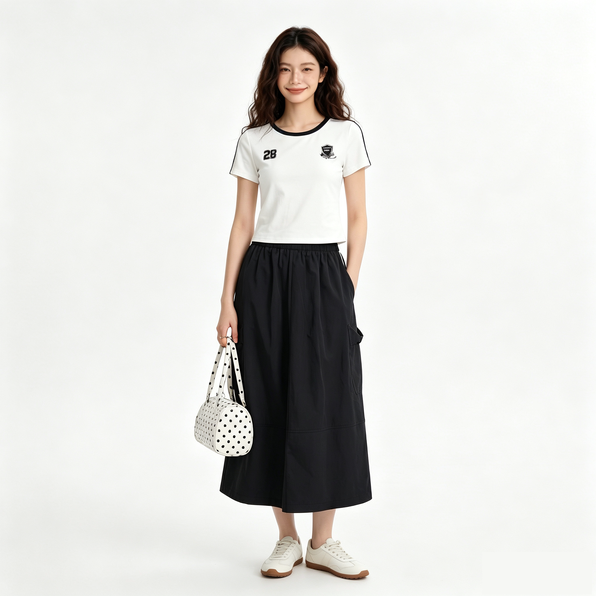 松弛感撞色边条短袖T恤女夏季黑白运动风休闲上衣G489