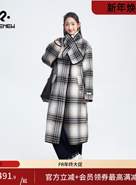 凡人优品长款毛呢大衣女复古格纹毛呢外套D178