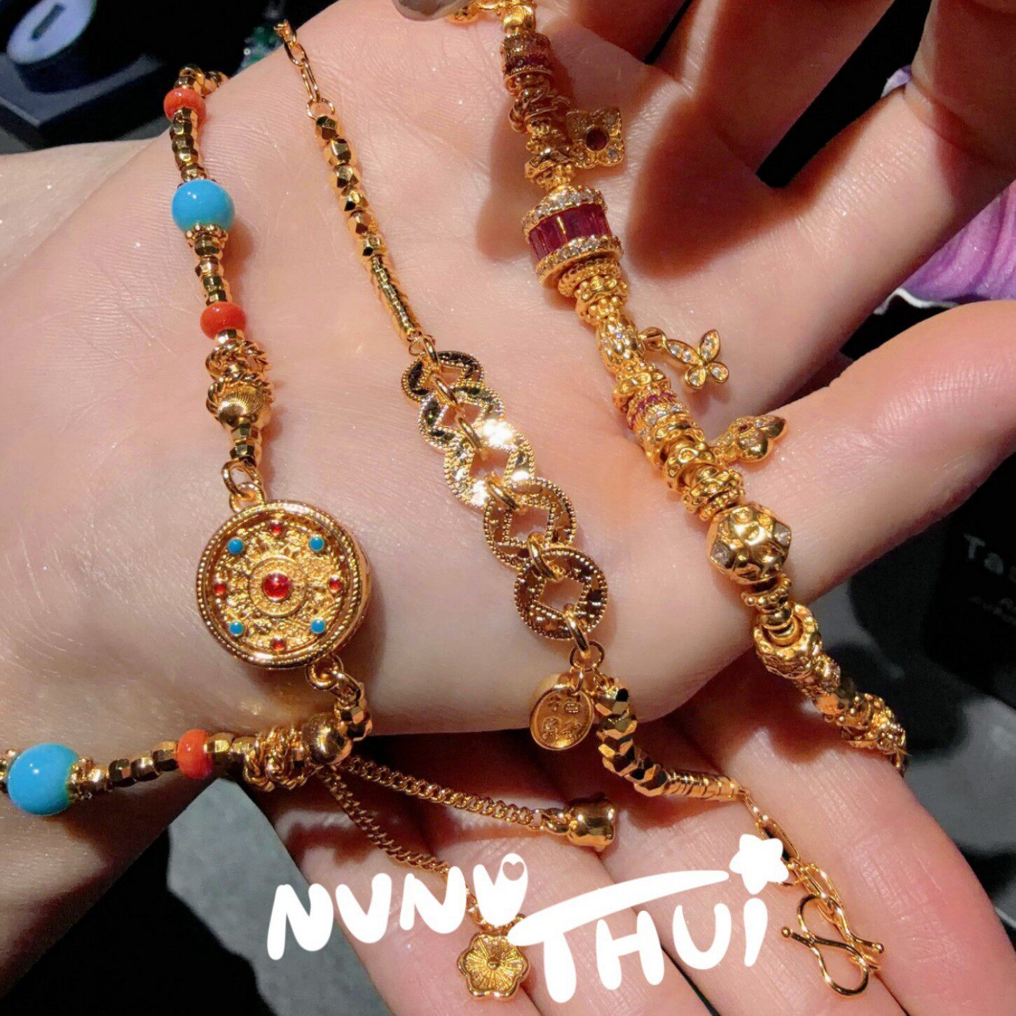 「奢屿」古法金色鎏彩花窗罗盘串珠项链点钻路路通多宝盘缠手串