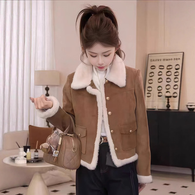 2025冬季新款美拉德加绒短外套女加厚皮毛一体保暖气质小香风外套