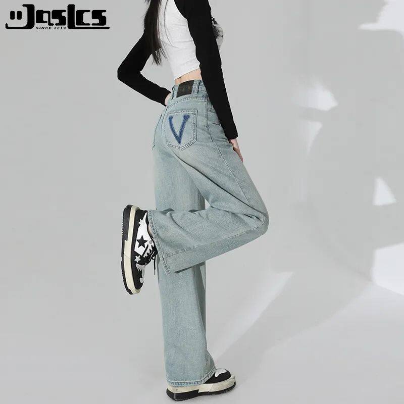 浅蓝色窄版阔腿牛仔裤女微胖2025年新款冬季百搭高腰设计感小个子