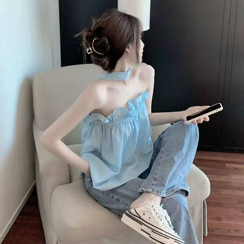 一字肩上衣高级感女2026夏季新款设计感小众木耳边吊带背心女外穿