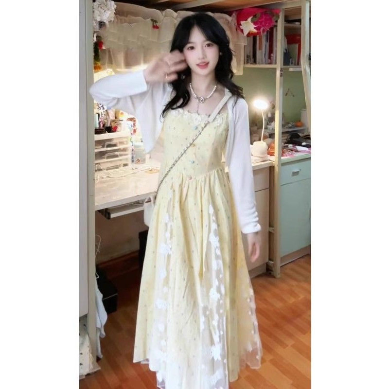 韩版温柔甜美风蕾丝拼接花边吊带连衣裙开衫约会套装裙出片裙子夏
