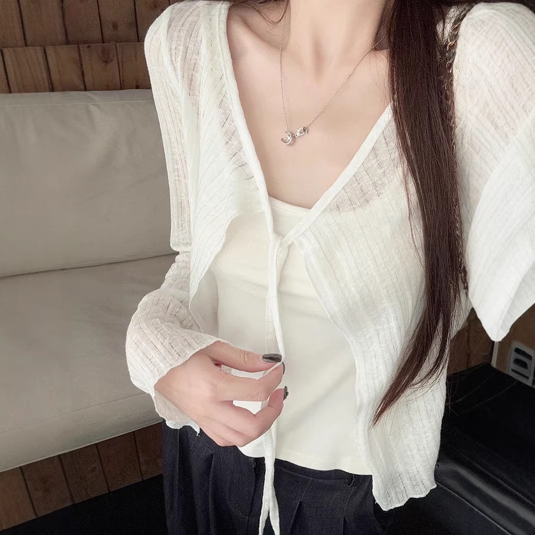 甜美漂亮V领系带长袖微透开衫女夏季薄款纯欲辣妹外搭超好看上衣