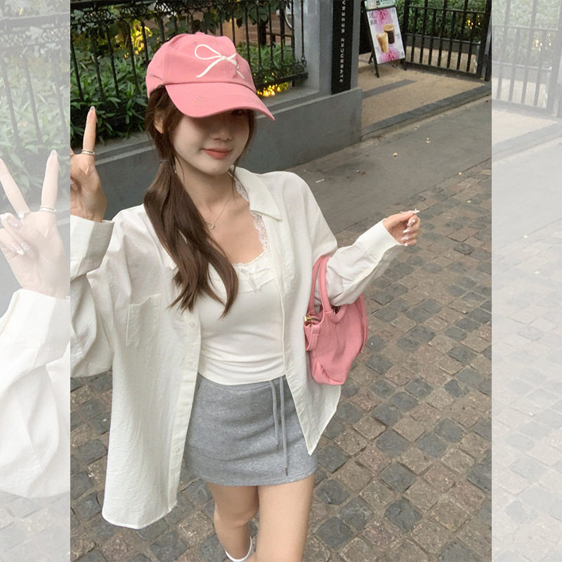 韩系纯欲风白色翻领长袖衬衫女春夏新款宽松时尚休闲百搭防晒上衣