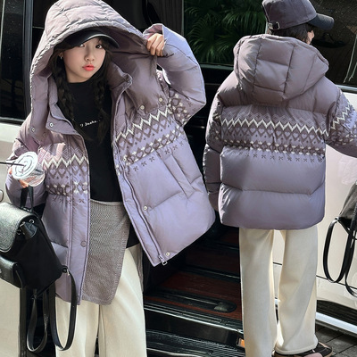女童冬季费尔岛棉服2025新款女大童时尚韩版连帽保暖羽绒棉袄紫色