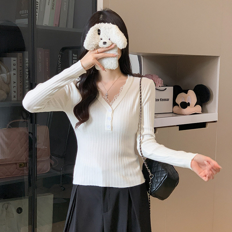 新品 大货 2026春装新款V领蕾丝花边修身款打底衫T恤上衣针织衫女