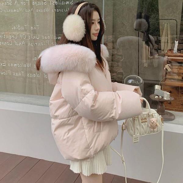 韩系嫩粉色连帽大毛领羽绒棉服外套女冬季新款短款加厚面包服棉衣