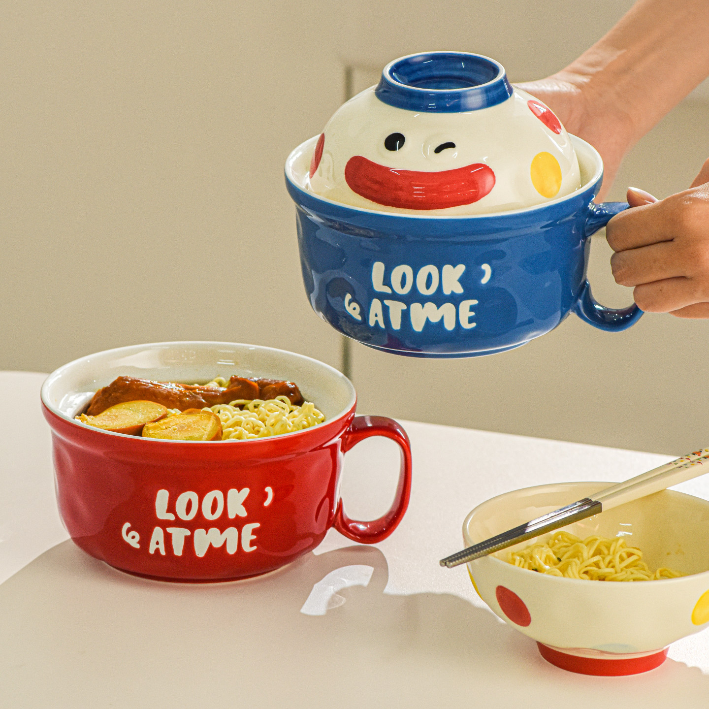 丑萌陶瓷泡面碗高颜值学生宿舍泡面杯带盖个人专用可微波两用饭碗,餐饮具,碗,淘宝优惠券,粉丝福利购,淘宝优惠卷