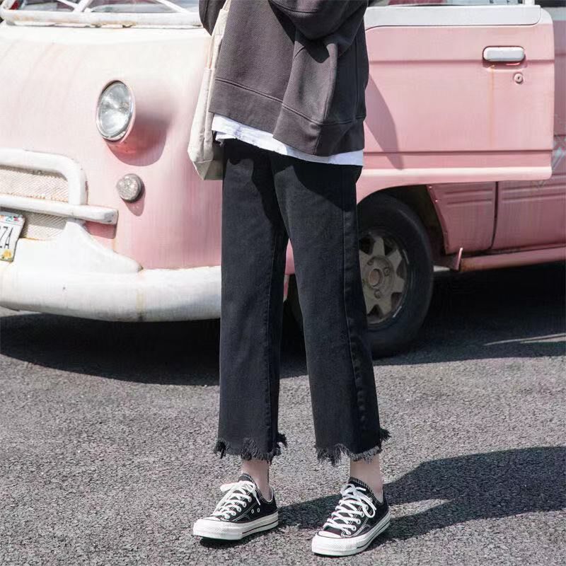 速发小个子直妹裤腰弹力微喇开叉牛仔高春季辣筒九分裤弘智