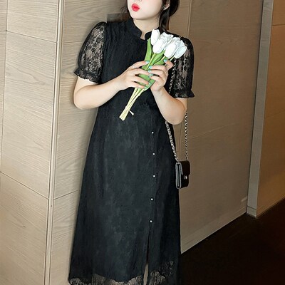 速发新中裙改良旗袍年轻衣款重工蕾丝国风开叉大码连少式22078