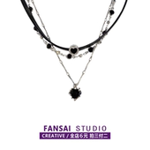 「黑绳甜酷心」多层叠戴项链女辣妹甜酷黑皮绳链锁骨链choker颈链