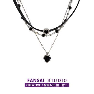 「黑绳甜酷心」多层叠戴项链女辣妹甜酷黑皮绳链锁骨链choker颈链