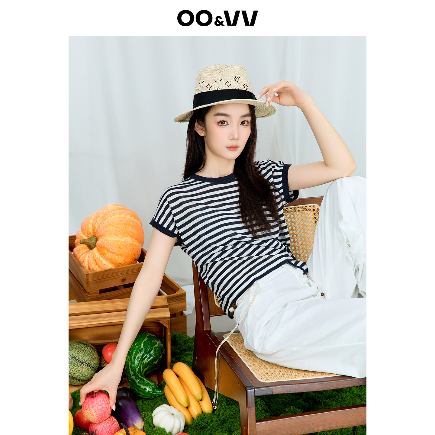 oo&vv航海度假风简约短袖T恤女2026夏宽松撞色上衣黑白条纹针织衫