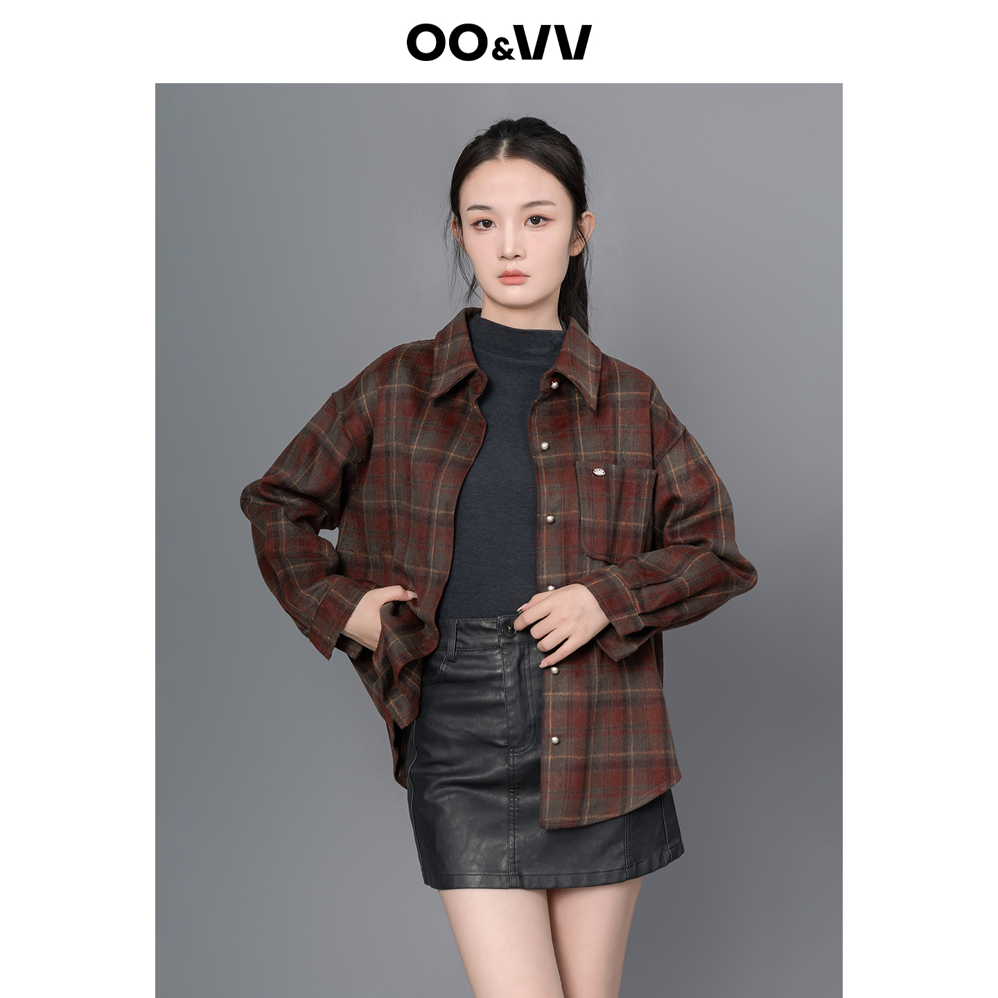 oo&vv磨毛复古格子衬衫外套女2025秋冬新款宽松百搭加厚保暖内搭